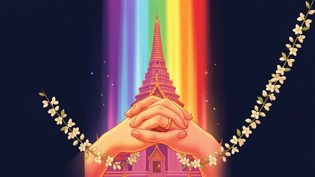 Two hands interlocking with gold rings against Thai temple backdrop with rainbow light