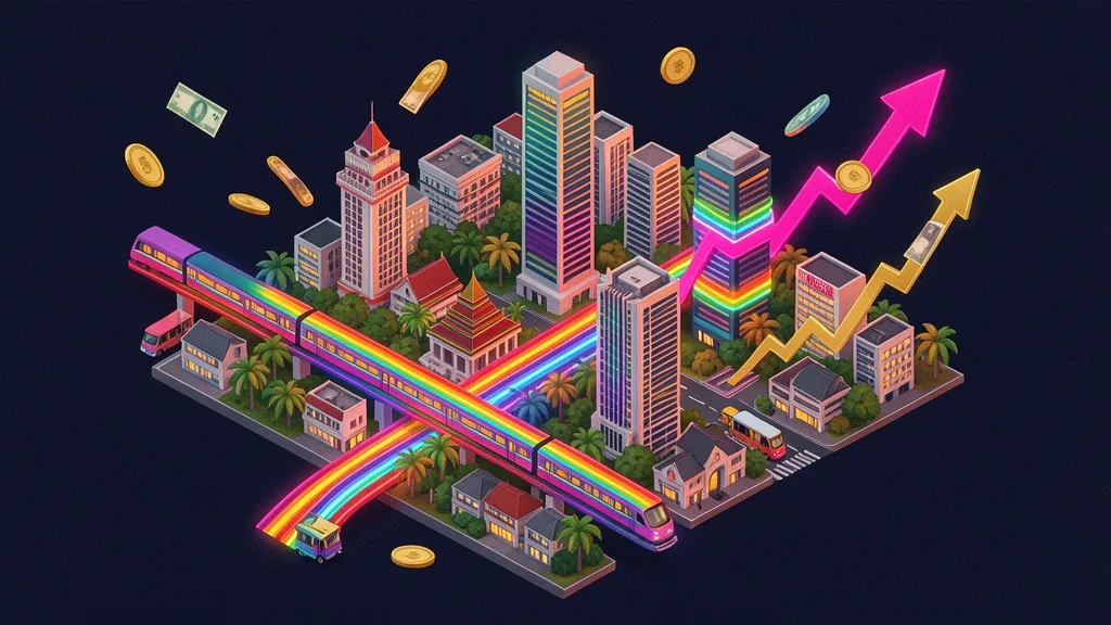Stylised Bangkok skyline with rainbow light trails representing Thailand's Pink Economy