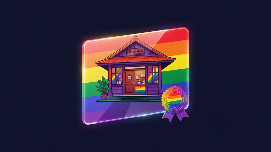 Glowing certification card with rainbow seal floating above a Thai shop-house