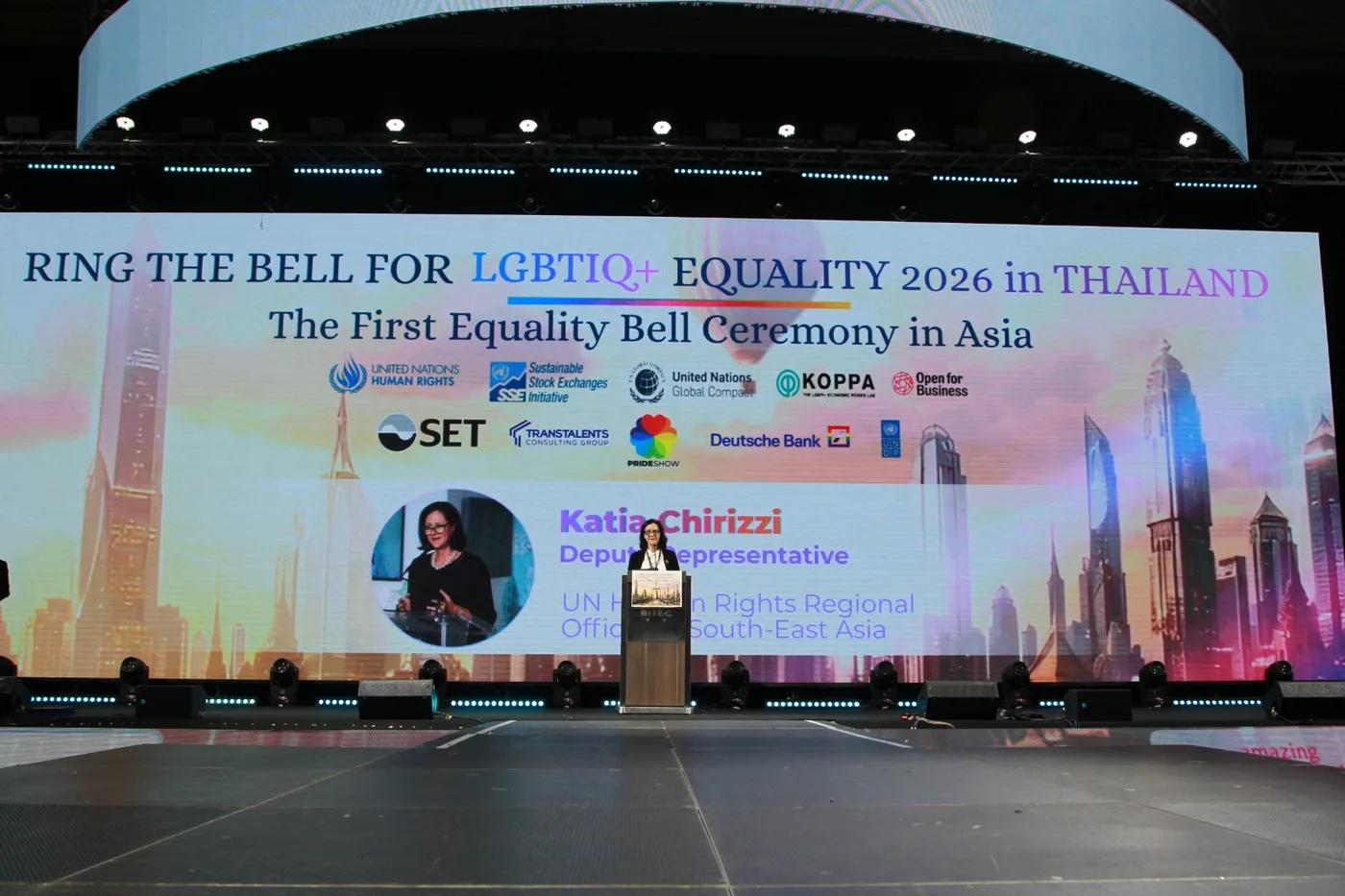 Katia Chirizzi, Deputy Representative of UN Human Rights Regional Office for South-East Asia, speaking at the podium during the Ring the Bell for LGBTIQ+ Equality ceremony at Pride Show 2026
