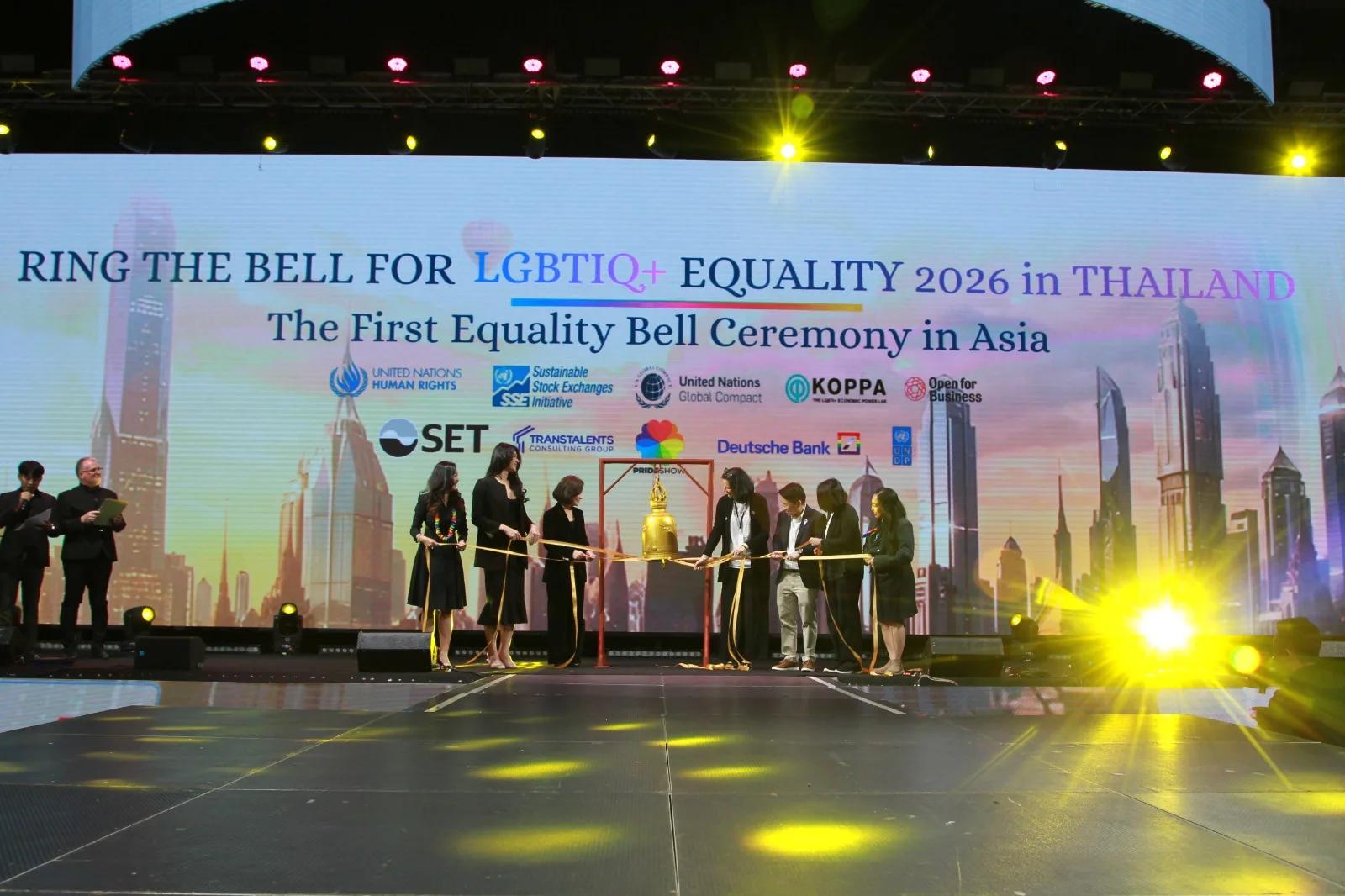 Group photograph of the Ring the Bell for LGBTIQ+ Equality ceremony participants at Pride Show 2026