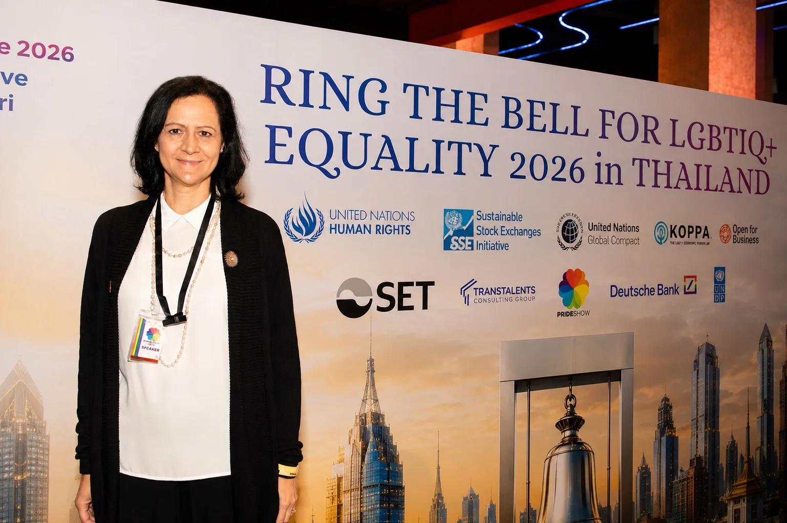 A Stock Exchange of Thailand executive addressing the audience at the Equality Bell Ceremony