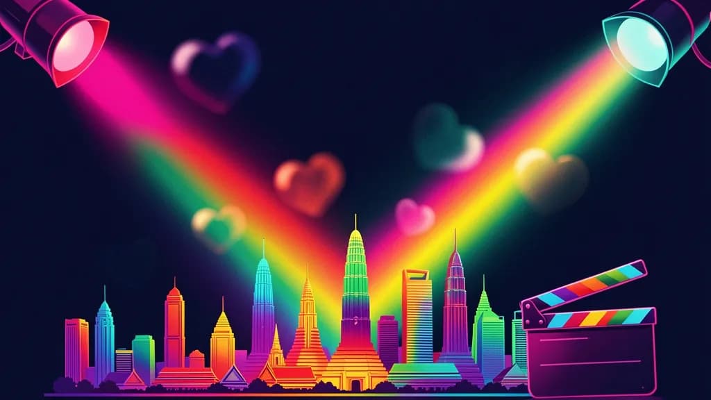 Stylised film-set spotlight over a Bangkok skyline in pride-spectrum colours, representing Thailand's BL and GL drama industry