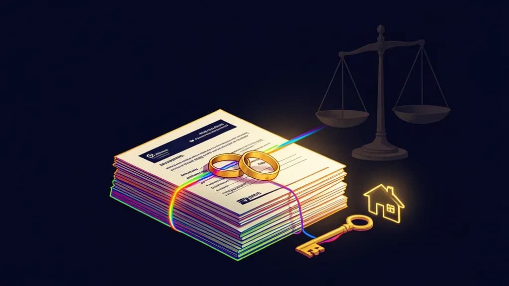 Two wedding rings resting on Thai legal and banking documents, symbolising same-sex couples' rights under Thailand's Marriage Equality Act