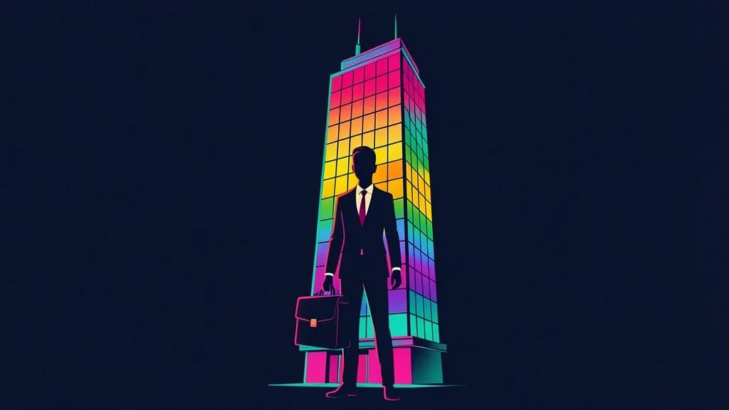 A confident person in business attire standing in front of a modern Bangkok office building with rainbow accents