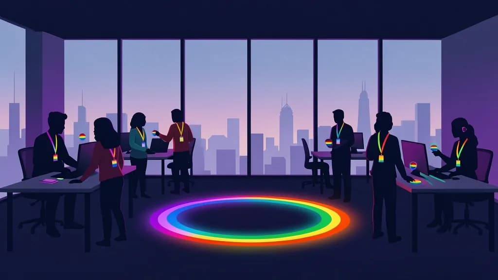 Illustration of a diverse, inclusive Thai open-plan office with employees wearing rainbow pride lanyards