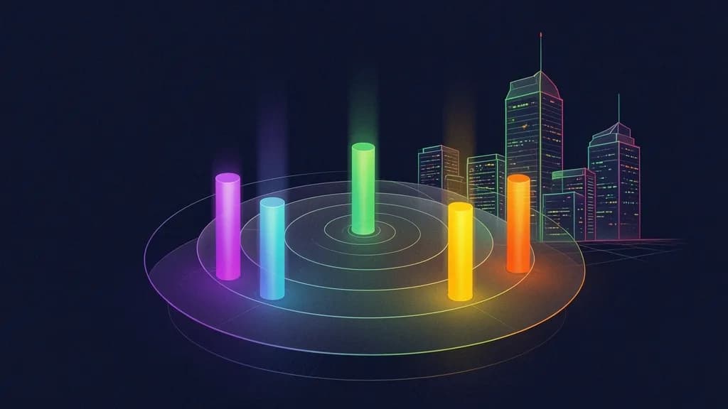 Abstract ESG dashboard visualization with four glowing pillars representing LGBTQ+ inclusion dimensions