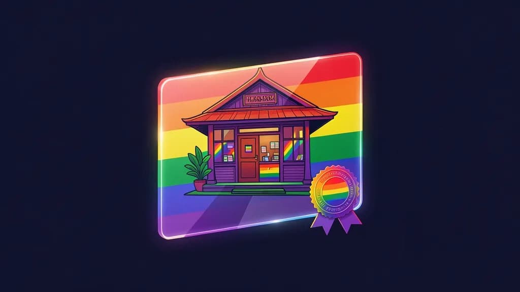 Glowing certification card with rainbow seal floating above a Thai shop-house