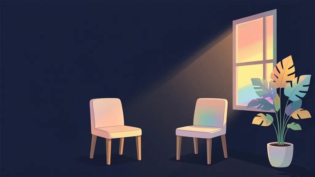 A calm, sunlit therapy room in Bangkok with two chairs and a rainbow Pride flag, evoking a safe and affirming counselling space