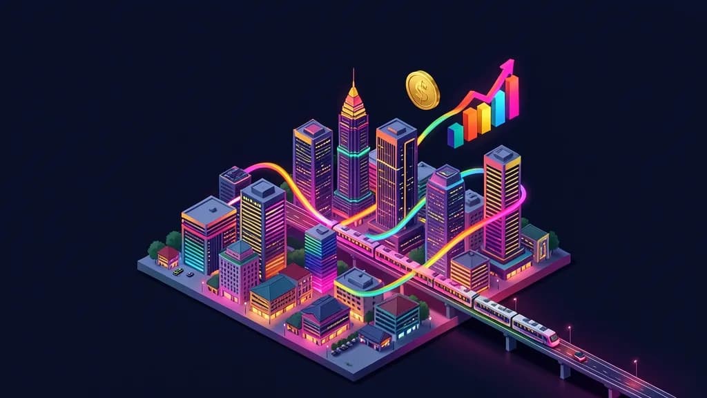 Isometric Bangkok skyline at dusk with rainbow light trails representing the pink economy