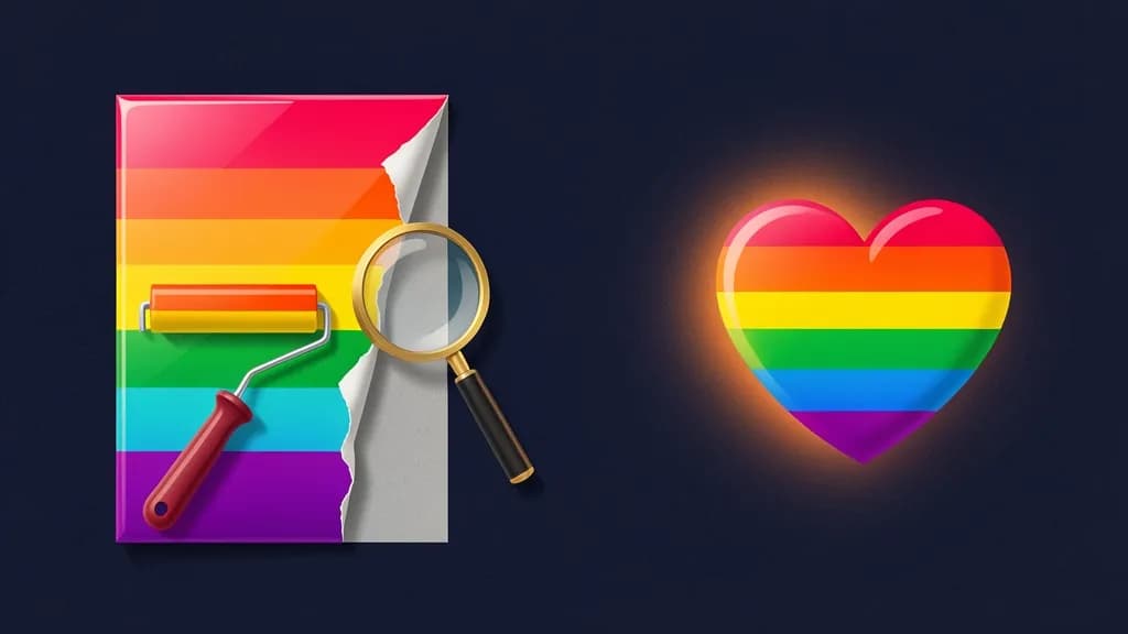 Illustration contrasting a peeling rainbow veneer with an authentic glowing pride heart