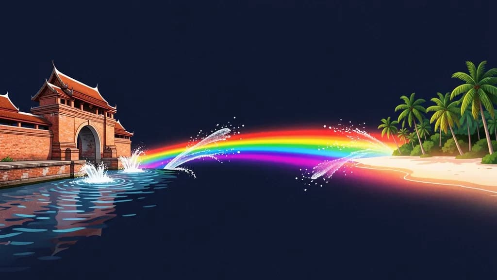 Illustration of an old city gate and moat in northern Thailand linked by a rainbow to a palm-lined beach