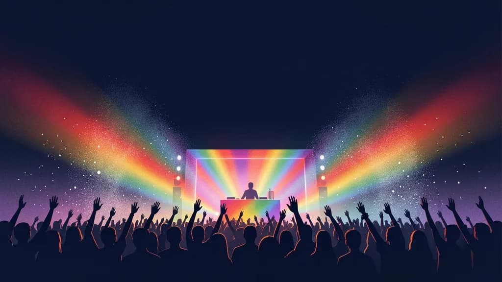 Illustration of a crowd with raised arms before a DJ stage, with rainbow light and water mist